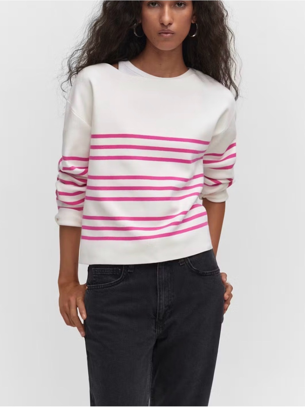 Mango White Sweater with Bright Pink Stripes